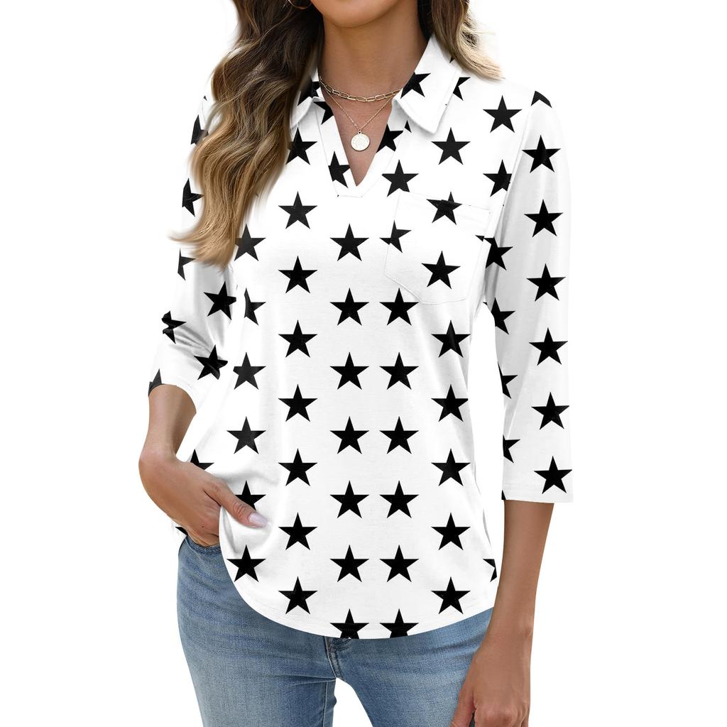 Women's Fashion Casual Lapel Short 3/4 Sleeve Print Shirt Women's Up Tops