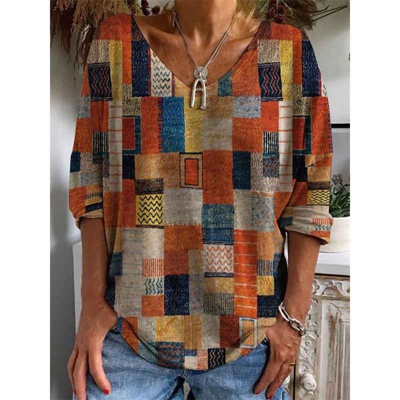 

Весенне-осенний топ с V-образным вырезом и 3D-принтом в стиле ретро-блоков, модные повседневные женские футболки с длинным рукавом 6XL