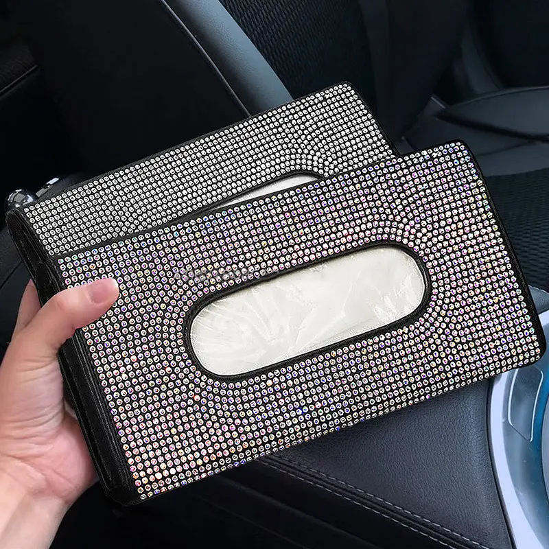 Bling Crystal Rhinestone Leather Car Tissue Holder, Sun Visor Backseat Napkin Case, Auto Storage Accessory