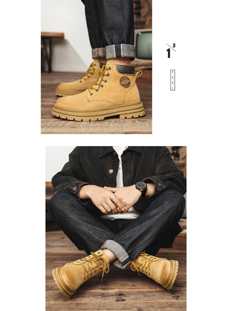 Yellow Leather Ins-Style High-Top Martin Boots for Men & Couples, Velvet-Lined, Perfect for Autumn and Winter.