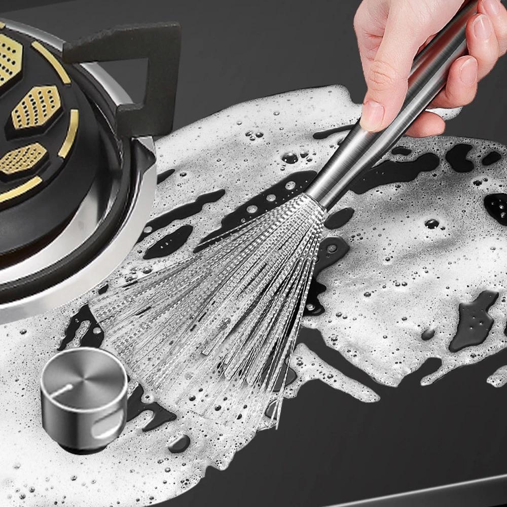 Stainless Steel Pan Brush Bowl Plate Long Handle Strong Decontamination Convenient Fast Sink Stove Kitchen Clean Tools