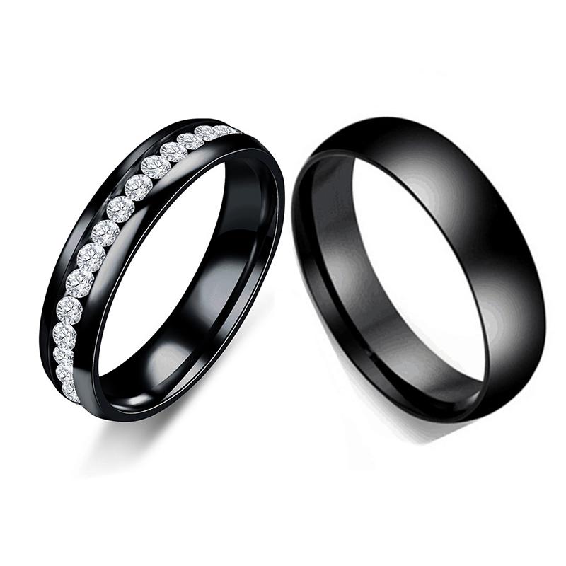 Romantic CZ Stone Couple Wedding Rings for Women Men, Black Color Stainless Steel Bands Engagement , Love Gift