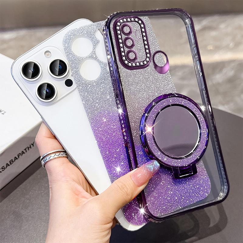Women Girl's Diamond Make Up Mirror Phone Case For OPPO A32 A35 A38 A53 2020 A54 A57 A60 A74 Holder Plating Soft Silicone Cover