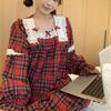Women's Red Plaid Lace-Trim Pajamas - Long Sleeve, Square Neck, Loose Fit