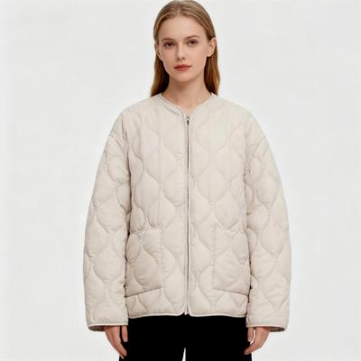 Women's Autumn & Winter Quilted Cotton Jacket: Comfortable Round Neck, Long Sleeves, Zipper Pockets, Warm Outerwear