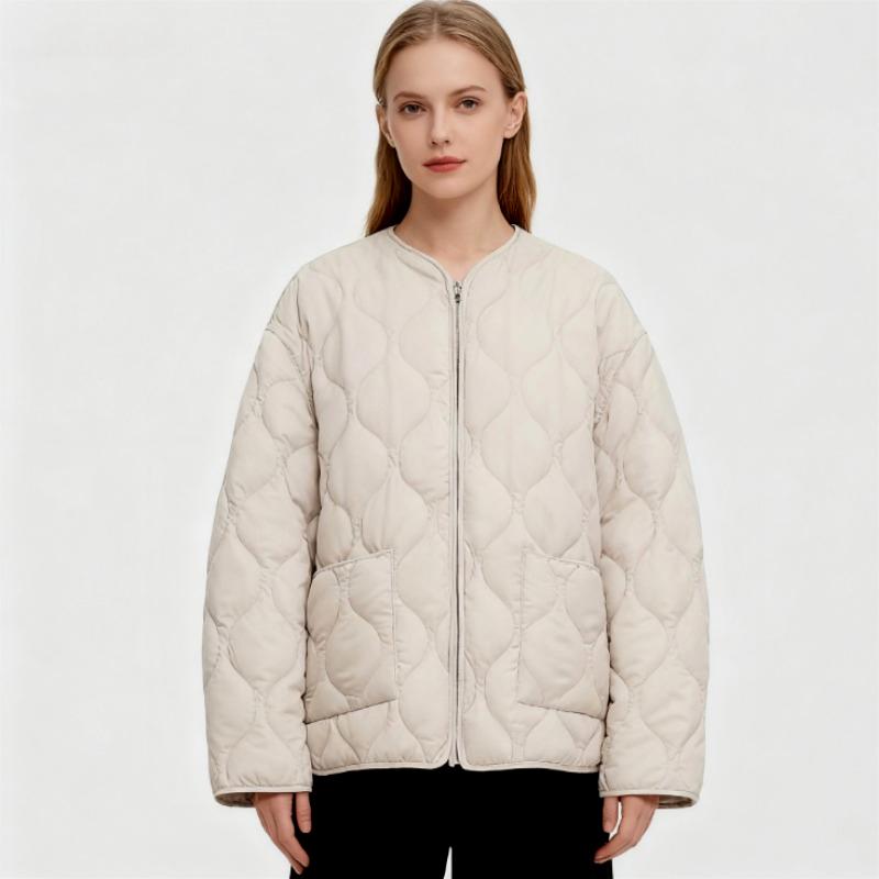 Women's Autumn & Winter Quilted Cotton Jacket: Comfortable Round Neck, Long Sleeves, Zipper Pockets, Warm Outerwear