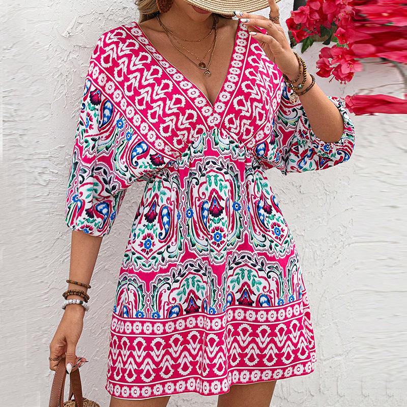 

Summer Batwing Sleeve Sweetheart Pleated Dress Mini Dress Women Sexy V-neck Loose Beach Sundress Graphic Printed Elegant Dresses S