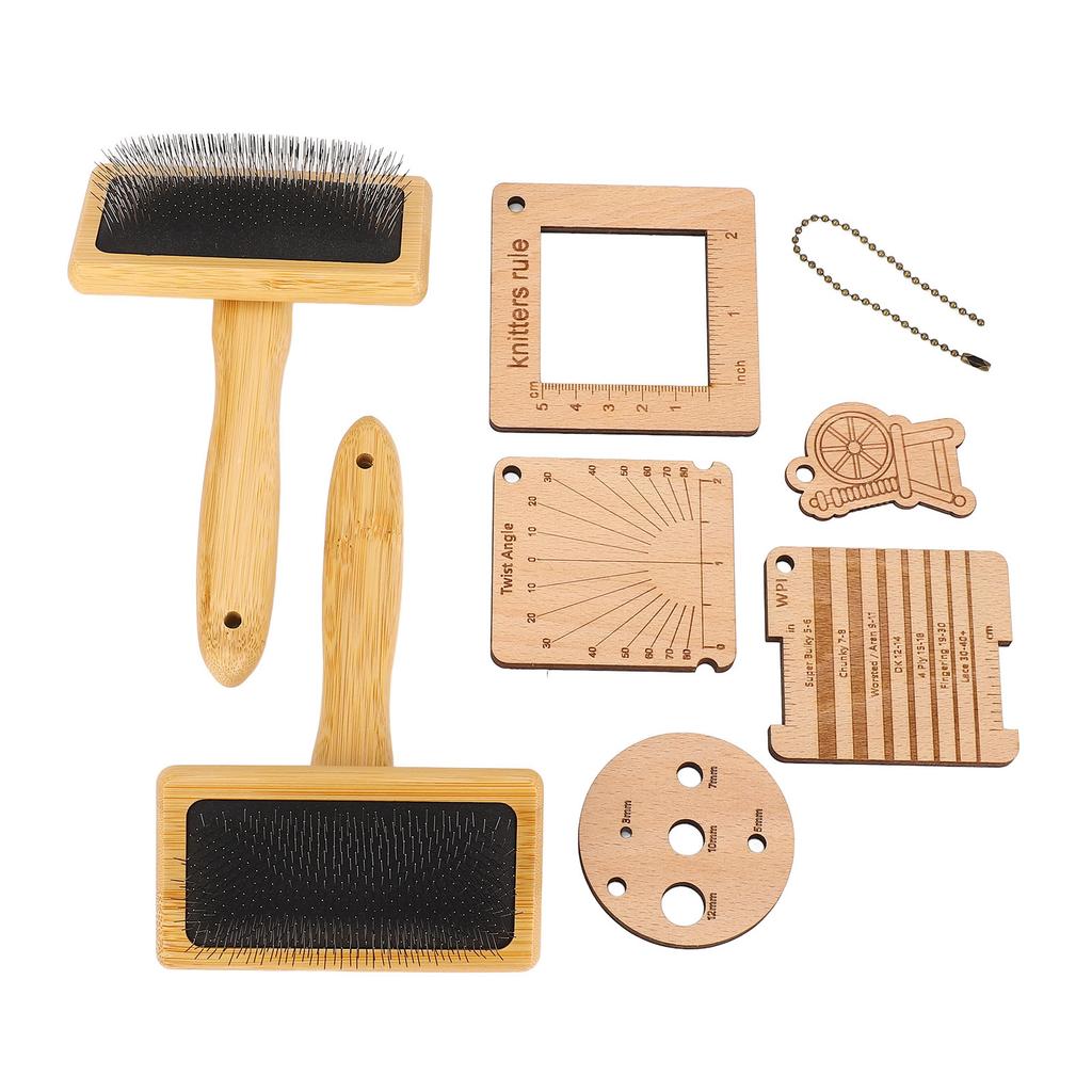 8PCS Set Wooden Knitting Gauge Wool Brush Set Wool Felting Brush and Knitting Measure Tool Kit