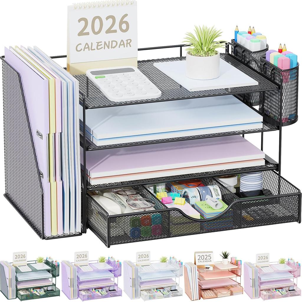 Schreibtisch-Organizer mit Aktenhalter, 4-stufige Schreibtischzubehör- & Arbeitsplatz-Organizer mit Schublade und 2 Stifthaltern, Papier-Organizer für Büromaterial