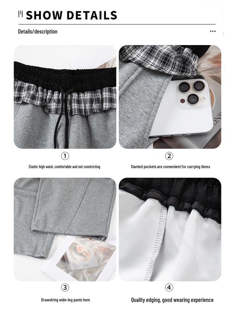 Plaid Patchwork Ruffle Women's Wide-Leg Sweatpants - Spring 2026 Hot Girl Style