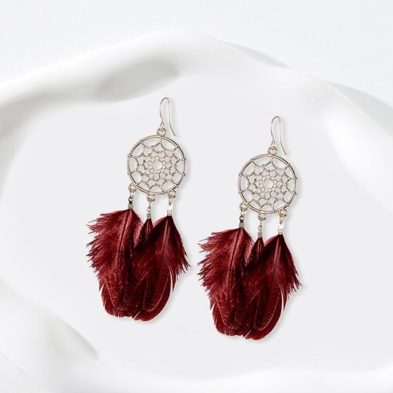 1 Pair Retro Bohemia Women Hook Earrings Feather Tassel Round Drop Earrings