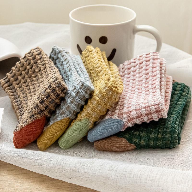 5 Pairs Women's Mid-tube Socks Sweet and Versatile Small Plaid Women's Pure Cotton Mid-waist Socks Japanese Retro Spring and Autumn Women's Socks