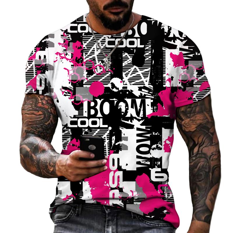 New Design Men's T-shirt Iron Chain Black and White Colorful Painting Style Short Sleeve T-shirt High Quality Fat