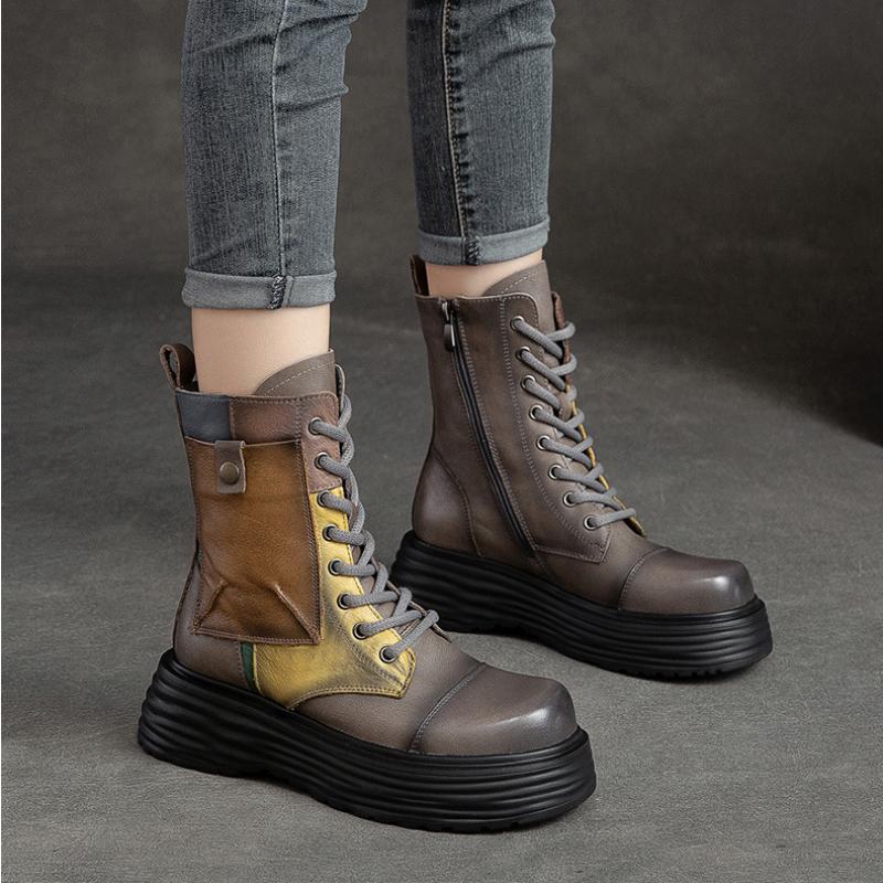 Johnature Damenstiefel mit dicker Sohle, echtes Leder, Retro-Stil, runde Zehenpartie, seitlicher Reißverschluss, gemischte Farben, Plateauschuhe