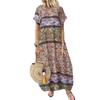 Vintage Women O Neck Short Sleeve Patchwork Cotton Dress Summer Floral Dress