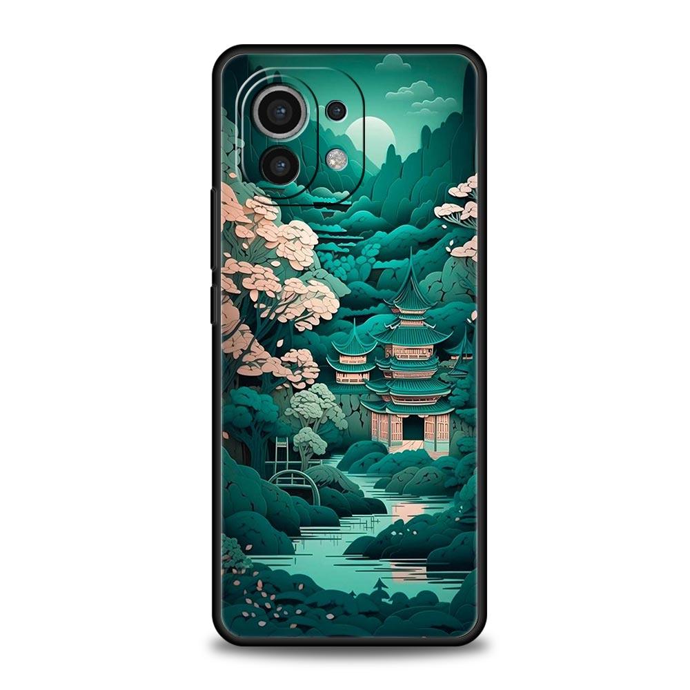 Phone Case For Xiaomi Mi 14 13 12 11 Lite 13T 12T 11x 11T 10T Pro 9T Note 10 Lite Soft Silicone Black Cover Japanese Landscape