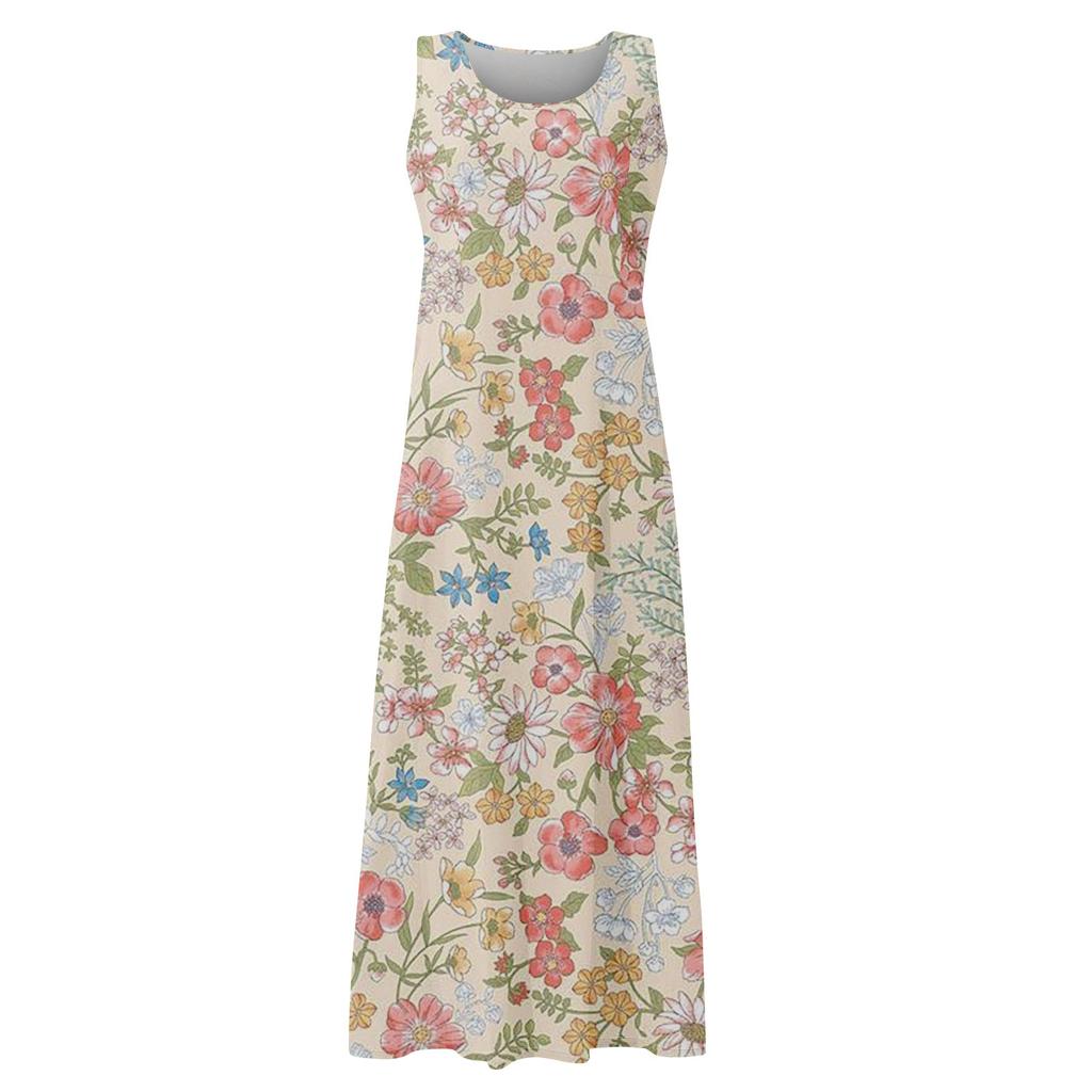 Lässiges, bequemes, ärmelloses Baumwolltaschenkleid mit Blumendruck für Damen