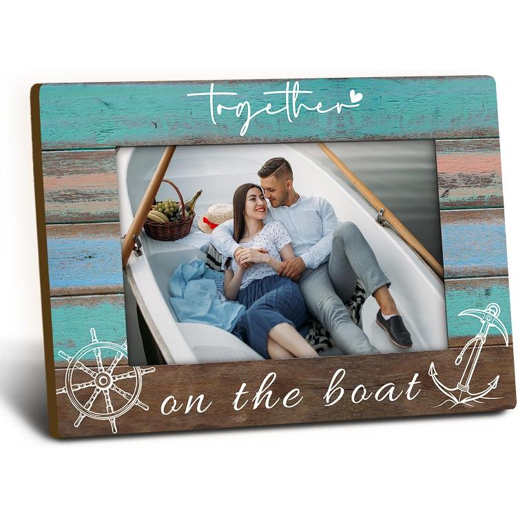 Together on the Boat 4x6 Picture Frame, Boat Lovers Captain Owner Gifts Wooden Picture Frame, Boating Gifts for Women Men, Nautical Anchor Rudder