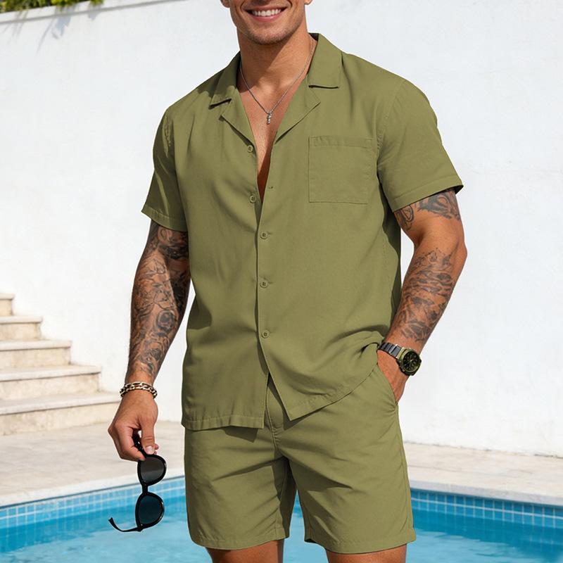 Completo casual da uomo a 2 pezzi, tinta unita, manica corta, camicia con bottoni e pantaloncini, set estivo