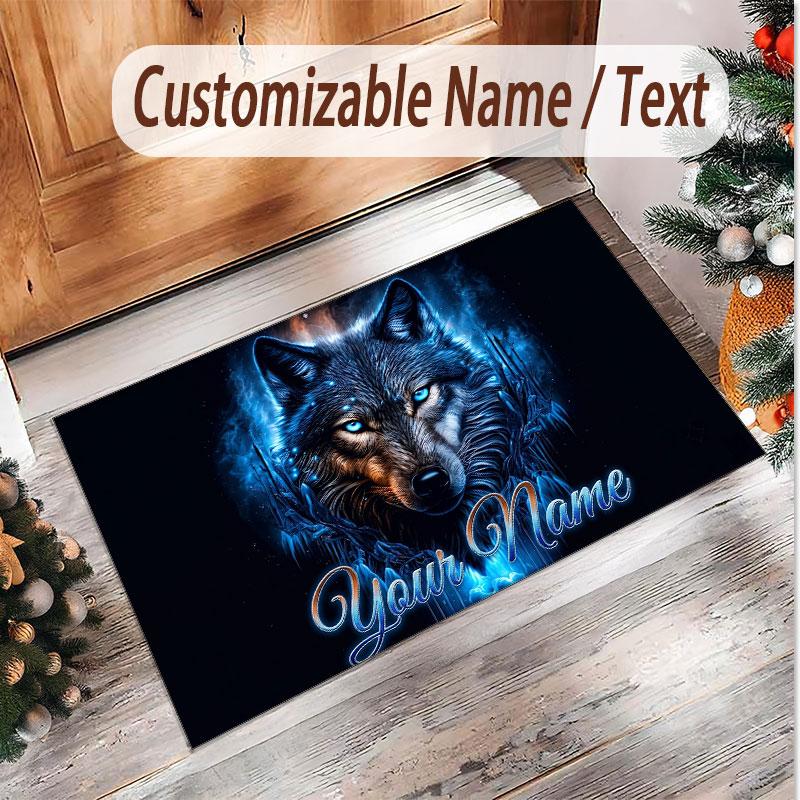Wolf Theme Soft Crystal Velvet Rug Custom Name & Text Print Non Slip Floor Rug for Bedroom Living Room