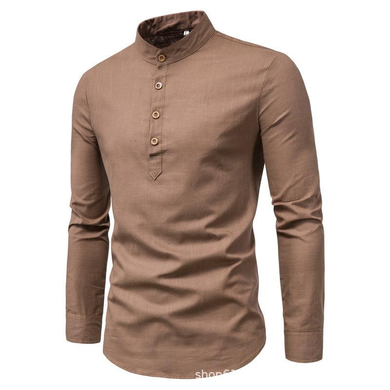 

Spring Autumn Stand Collar Casual Fashion Shirt Male Long Sleeve Solid Color Pullover Buttons Blouse Top Men 5XL кавовий