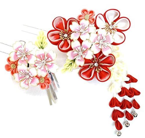 Hair ornament set for furisode graduation Red (2 pieces) kimono, coming-of-age ceremony, ceremony, Shichi-Go-San (7-5-3 festival) wk-292 Tsumami-zaiku