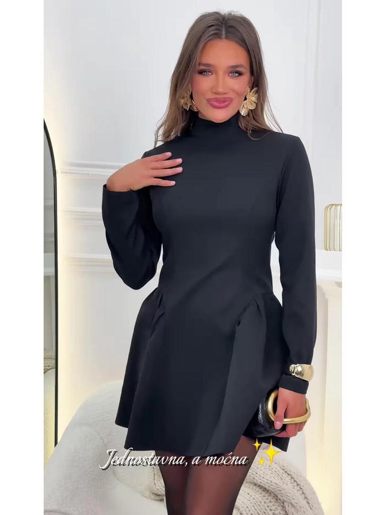 2025 Autumn High Neck Long Sleeve Black Short Dress for Women