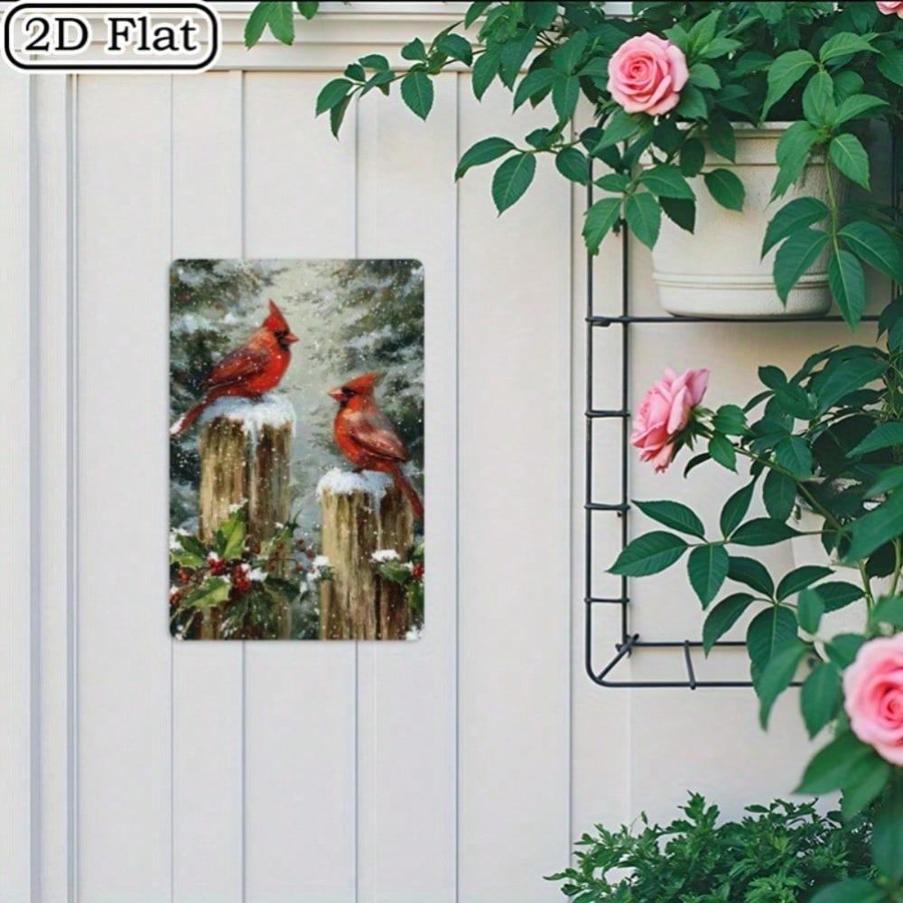 Vintage Metal Tin Sign, 12x8 Inch Cardinal Bird Winter Scene, Rustic Farmhouse Wall Decor for Christmas, Indoor Outdoor Holiday Gift