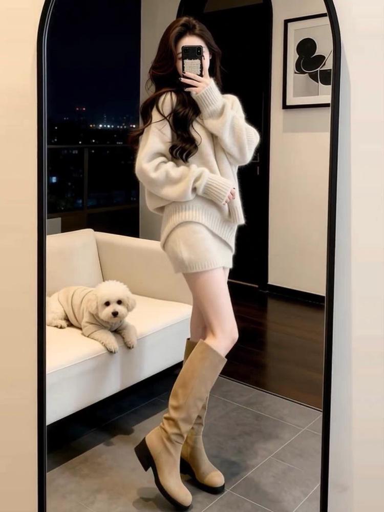 2026 Autumn/Winter Wool Suit: Elegant Two-Piece Set with Sweater and Short Skirt for Women