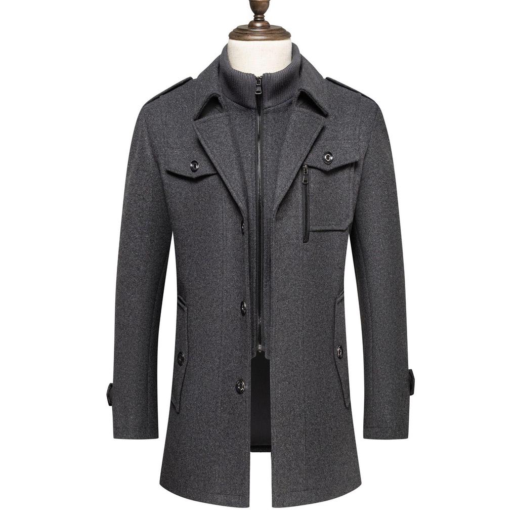 European Men's Wool Coat, Double Collar, Vertical Zipper.