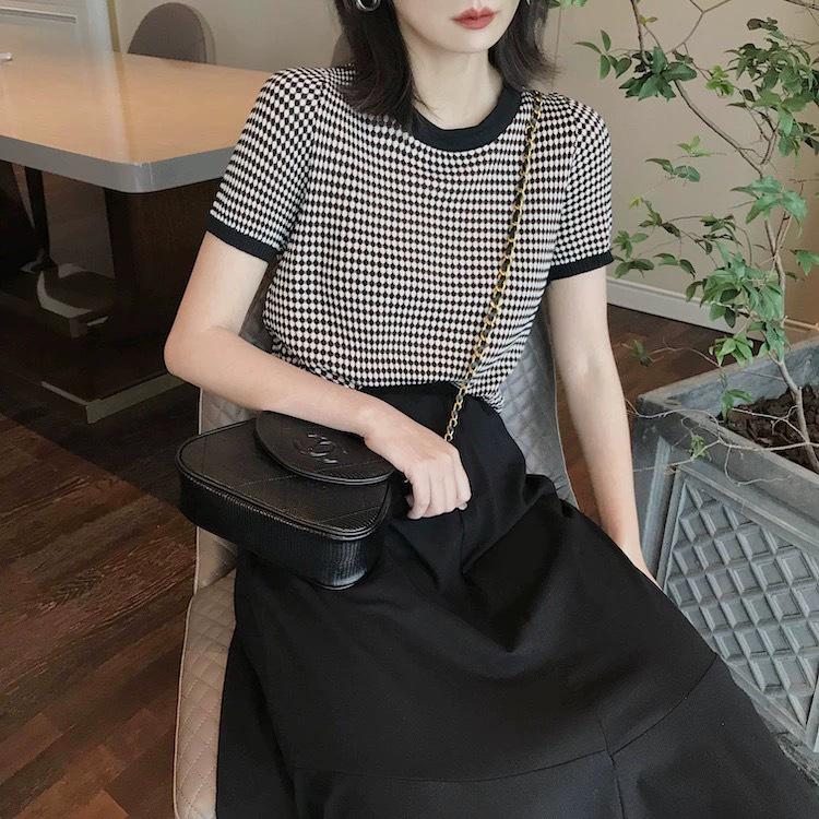 

Chic Color Block Ice Silk Short Sleeve Sweater - Women s Summer Knit Top XXL чорний