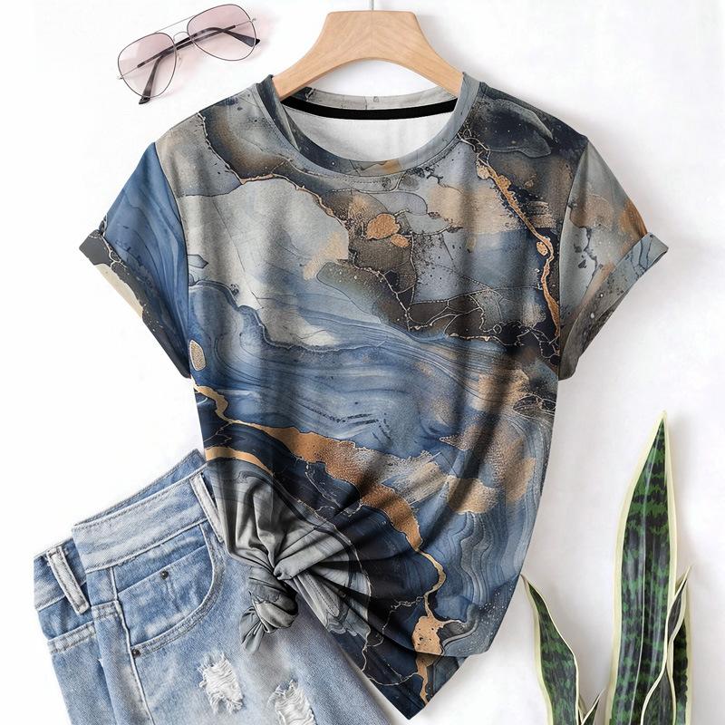 

Летняя женская футболка Повседневный топ Круглый вырез Короткий рукав 3D-принт Узор Градиент Дышащая рубашка L