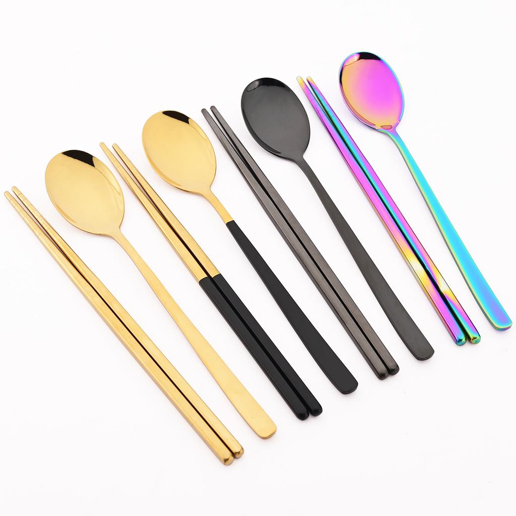 12pcs Colorful Dinnerware Set Korean Style Spoon Non-slip Chopsticks Cutlery Mirror Stainless Steel Flatware Kitchen Tableware