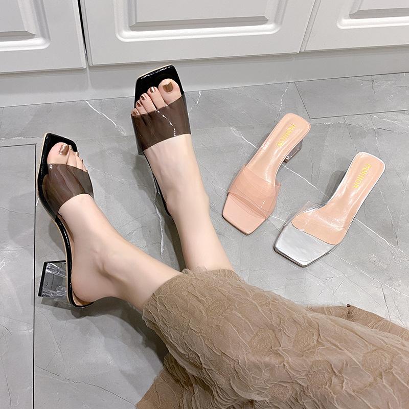 Transparent Crystal Slippers Women's Outer Wear 2025 Summer New Thick Heel High Heel Square Head Open Toe Cool Slippers Women's Summer Outer Wear