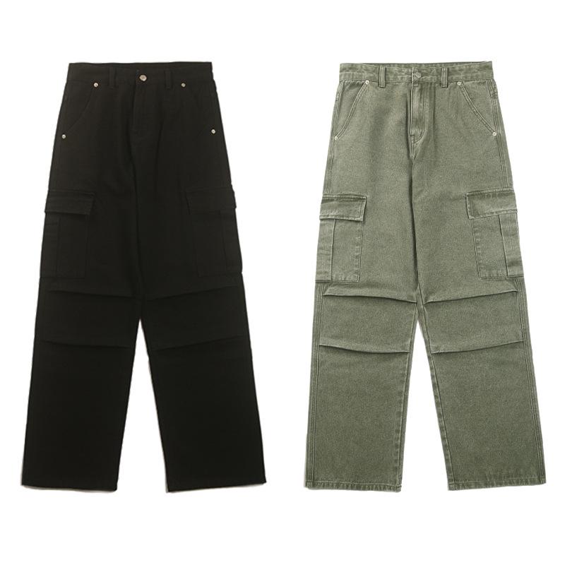 JIAMU Men's Retro High Street Loose Cargo Straight Jeans for Autumn/Winter