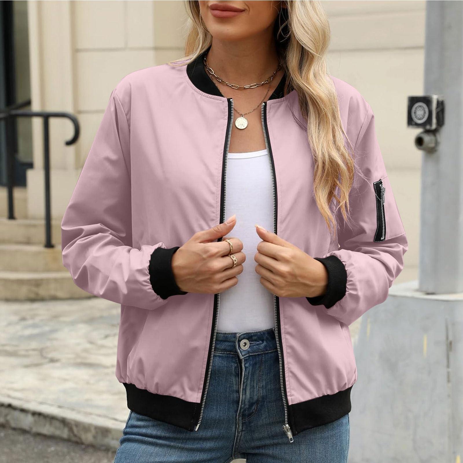 

Женская свободная удобная повседневная модная однотонная куртка с длинными рукавами и карманом на молнии XL розовый