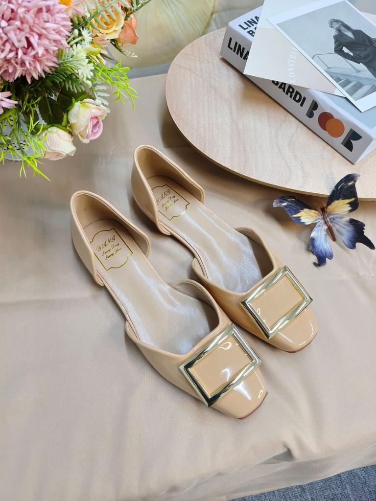 Shoes commuter RV square buckle patent leather square head shallow mouth hollow flat sole single shoes summer