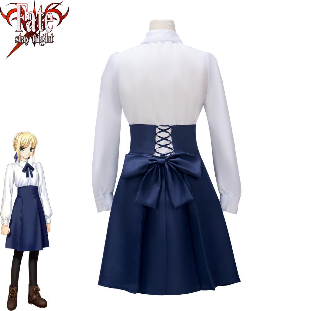 Anime Fate Stay Night Saber Altria Daily Blue White Dress Wig Cosplay Costume Anime Role Play Halloween Performance Outfit