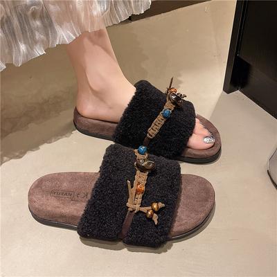 Niche Design Thick-bottomed Cotton Slippers Women's Outer Wear 2025 Autumn and Winter New Retro French Woven Plush Mop