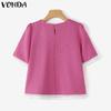 VONDA Summer Elegant Women Short Sleeve Lace Hem Texture Casual Short T-shirts