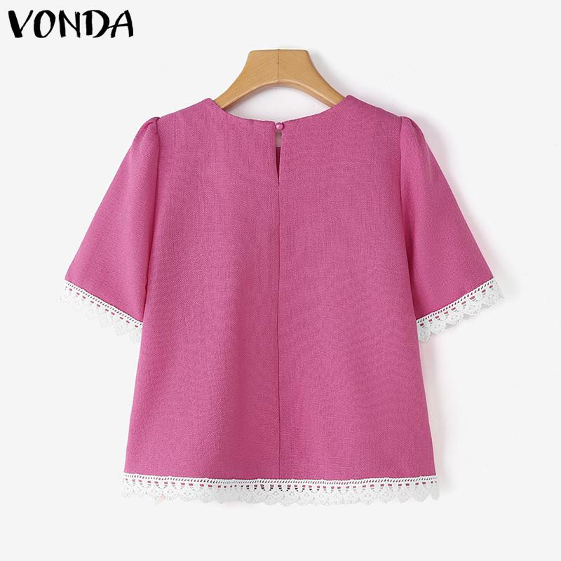 VONDA Summer Elegant Women Short Sleeve Lace Hem Texture Casual Short T-shirts