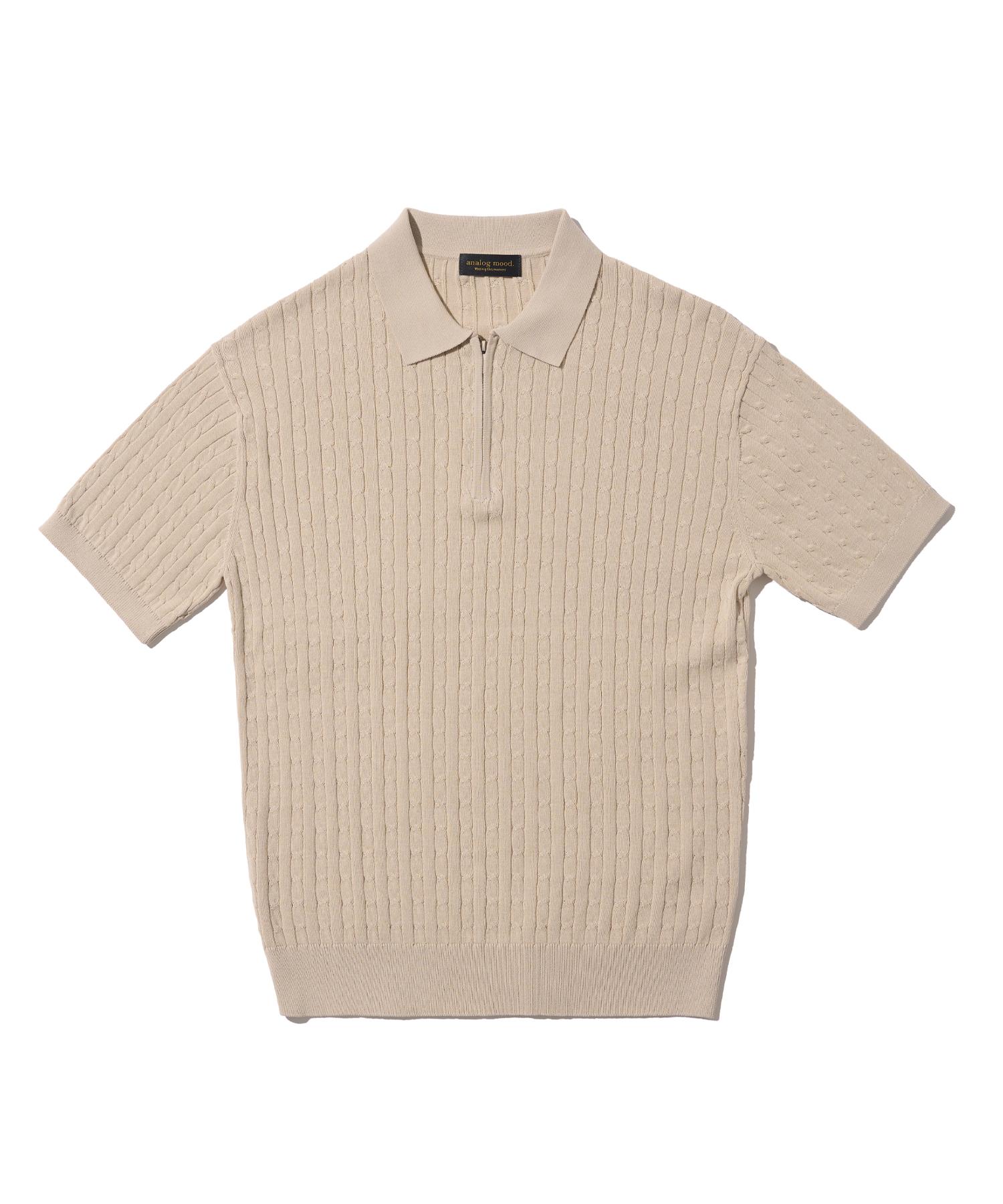 Analog Mood Cable Half Zip Collar Short Sleeve Knit (Beige) Free