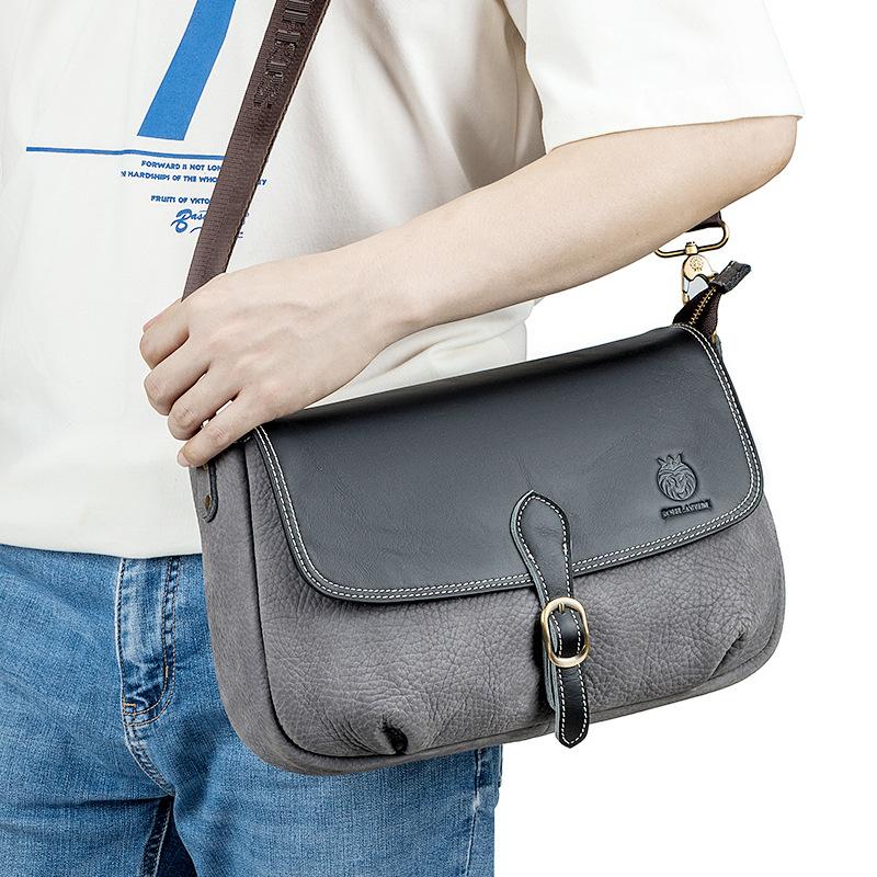 Men's Casual Single-shoulder Bag, Horizontal Contrasting Color Genuine Leather Men's Crossbody Bag