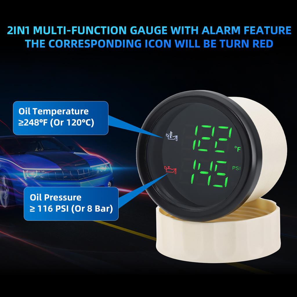 50~150 Celsius Oil Temperature Gauge 0-10 Bar Oil Pressure Gauge 2 IN 1 Car Gauge with Sensor Green/Red backlight for 12v/24v