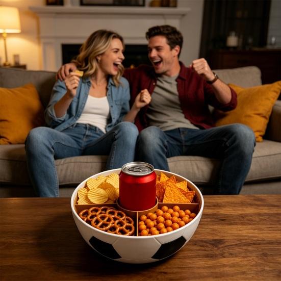 Football Snack Bowl with 5 Compartments, Large Capacity Food Tray Cup Holder, Fruits Candy Beverage Organizer Container for Soccer Party, Game Day