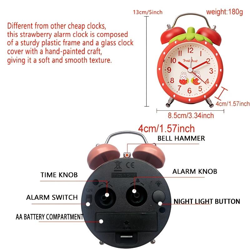 Modern Silent Strawberry Alarm Clock Battery Powered, Non Ticking, Antique Watch, Suitable for Office, Home, Kitchen, Bedroom, School, Black Pink Red