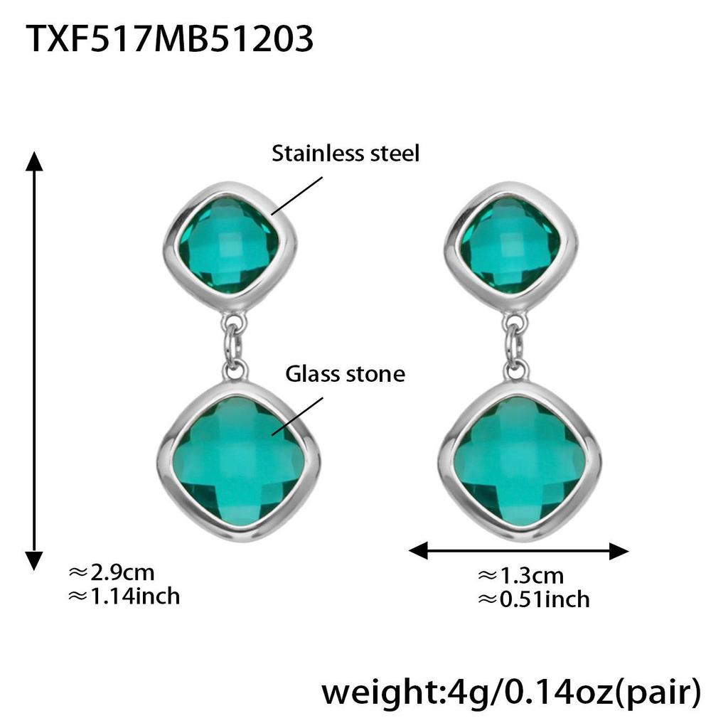 Geometric Glass Stone Earrings & Stainless Steel Bead Necklace Bracelet Set - Multi-color Patchwork Jewelry