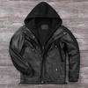 Tamanho chinês removível jaqueta de couro com capuz homens genuíno couro de vaca casaco fino motociclista roupas casaco masculino inverno veste cuire homme