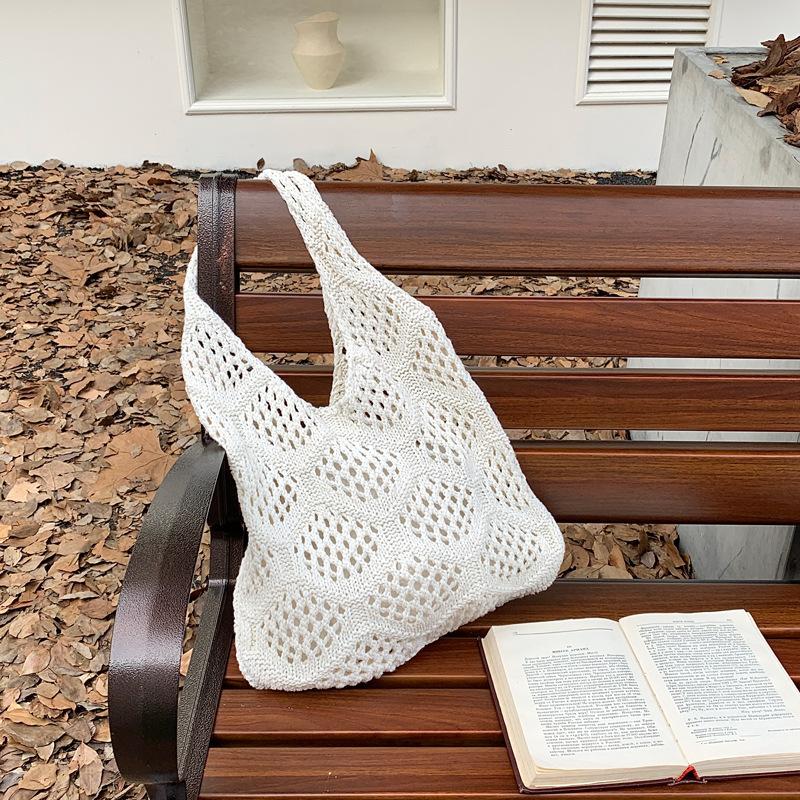 Polyester Knit Shoulder Bag for Women Diamond Hollow Out Woven Tote Purse Soft Handbag Casual Daily Commute Bag KTB