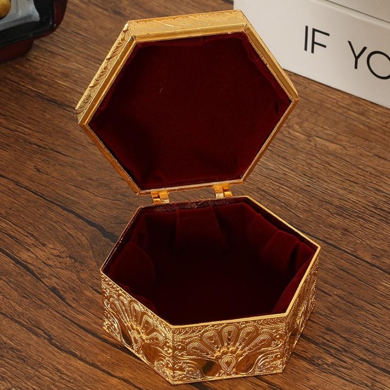 Hexagon Shapec Mini Jewelry Storage Box Earrings Organizer European Style Gold Alloy Ring Necklace Storage Jar Dresser Display